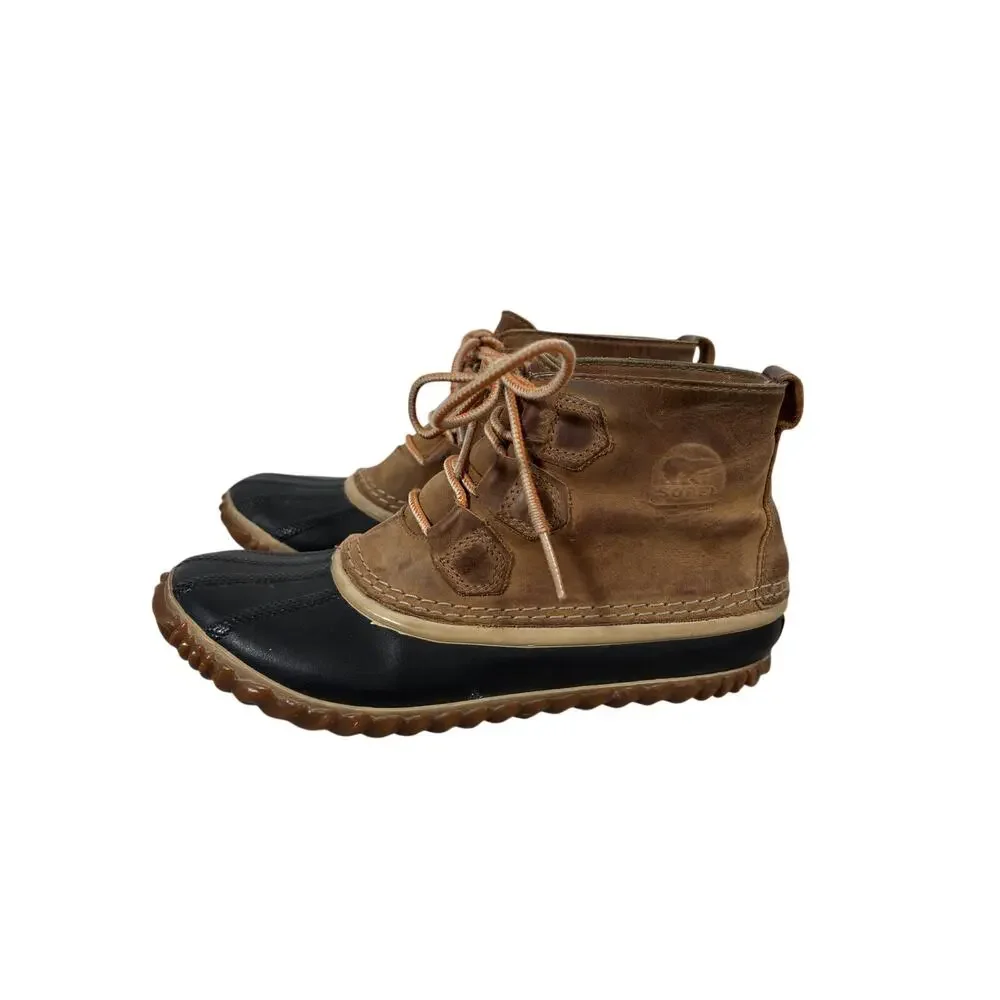 Sorel Boots Womens 8 Brown Elk Out 'N About Leather Duck Waterproof Rain Lace Up